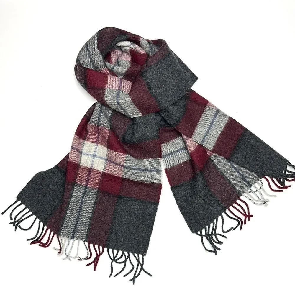 Vintage Merino Wool Gray Burgundy Plaid Scarf made in West Germany